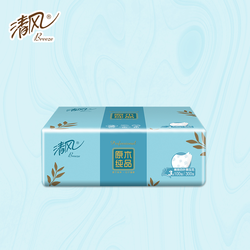 清风原木纯品四叶草压花100抽抽取式面纸24包/箱